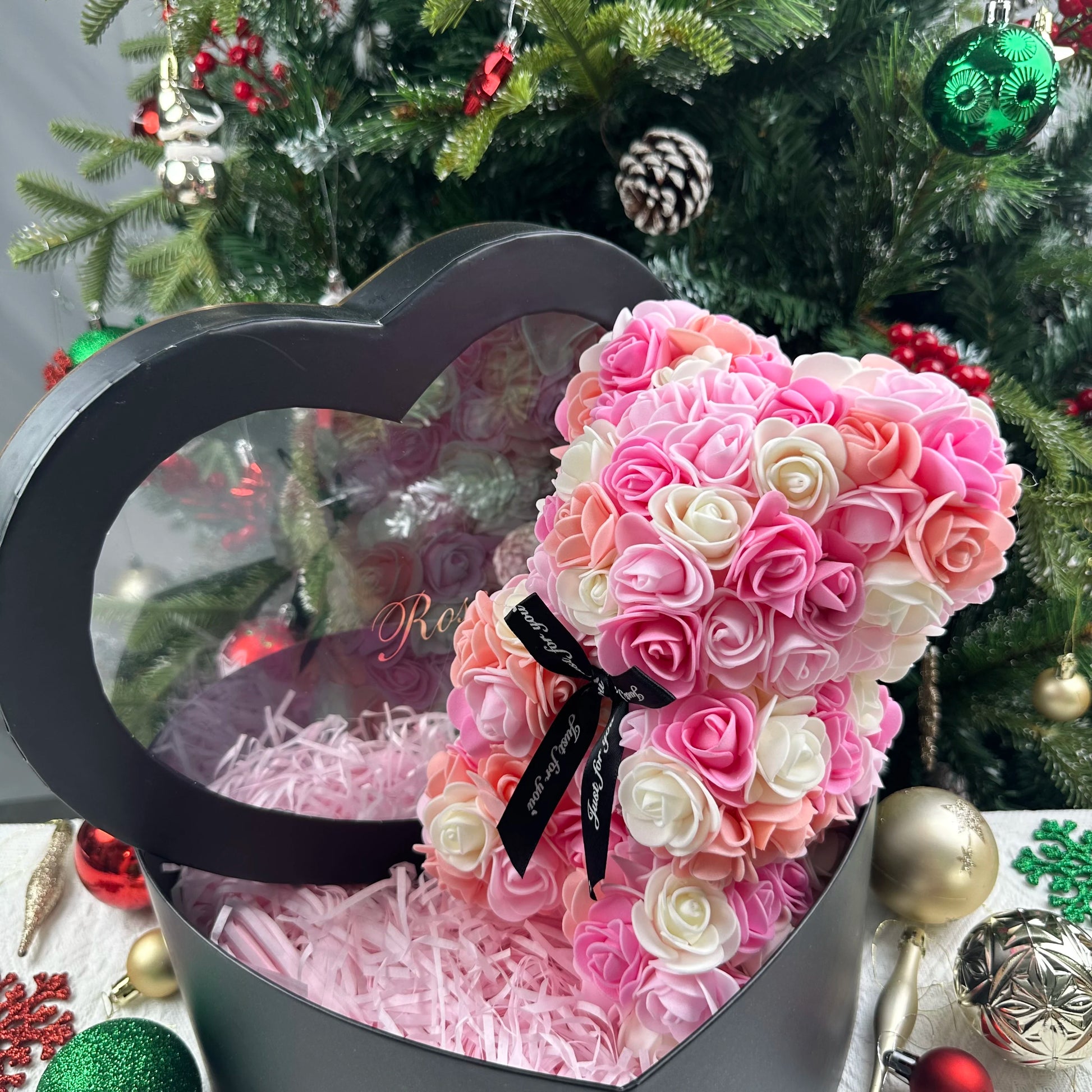25Cm Artificial Teddy Rose Flower Bear with Box Romantic Valentines Day Gift Girlfriend Women Anniversary Wedding Party Supplies
