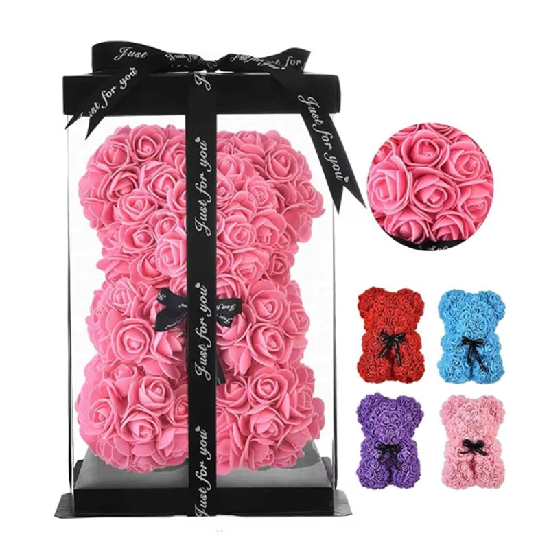 25Cm Artificial Teddy Rose Flower Bear with Box Romantic Valentines Day Gift Girlfriend Women Anniversary Wedding Party Supplies